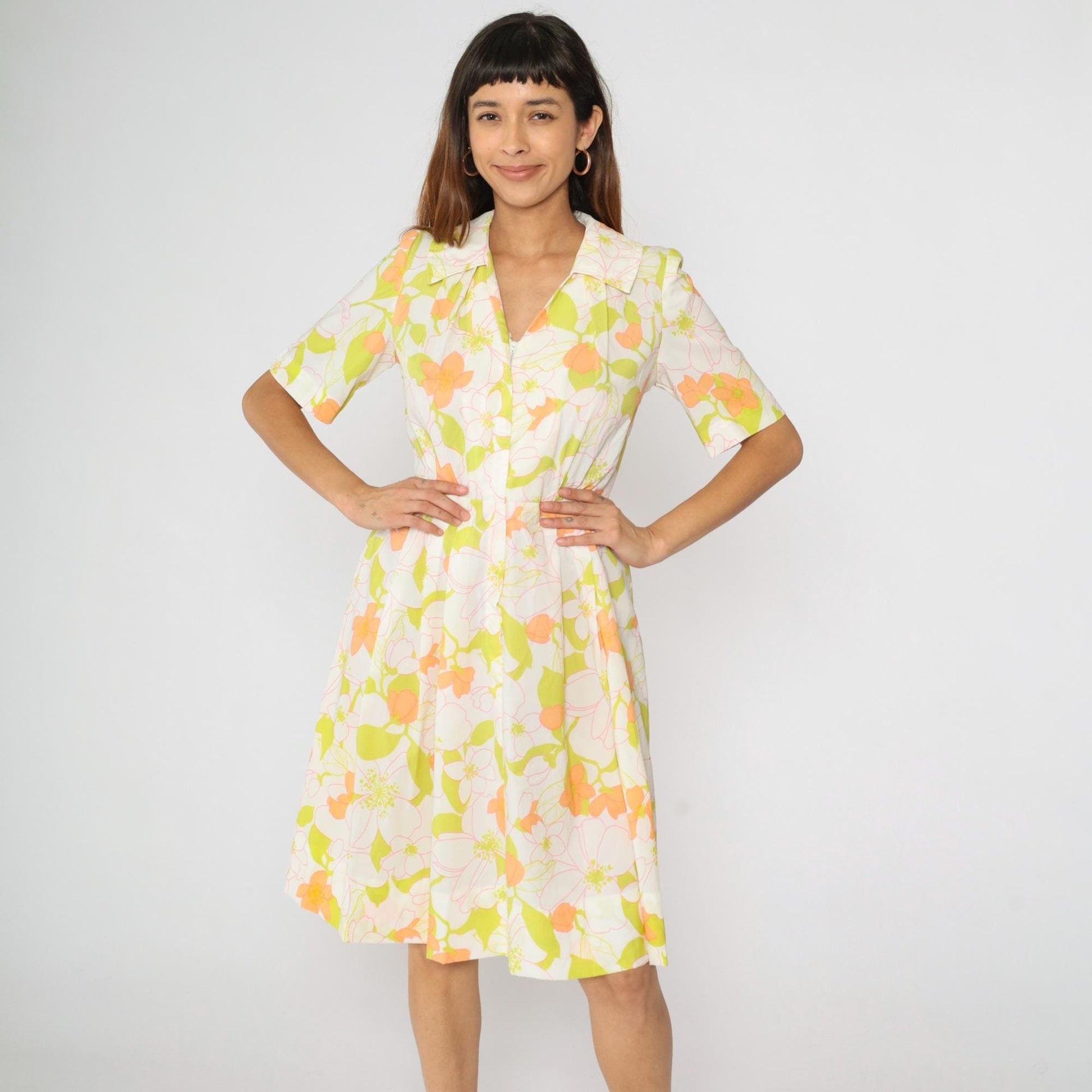 60s White Floral Day Dress High Waisted Front Zipper Pleated Knee Length Medium