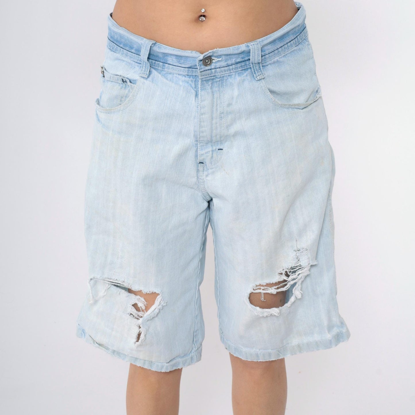 Y2K South Pole Denim Shorts Light Wash Ripped High Waist Knee Length 32