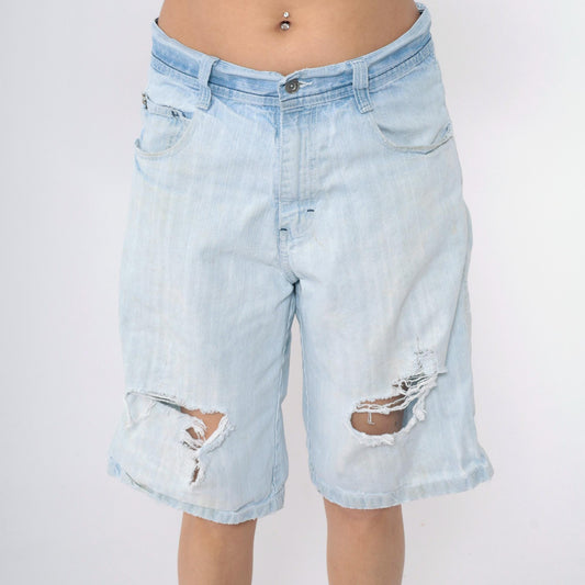 Y2K South Pole Denim Shorts Light Wash Ripped High Waist Knee Length 32
