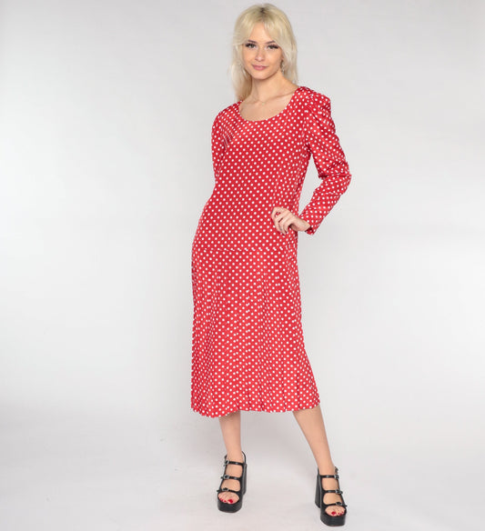 90s Leslie Fay Red Polka Dot Midi Dress Long Sleeve Drop Waist Medium 10