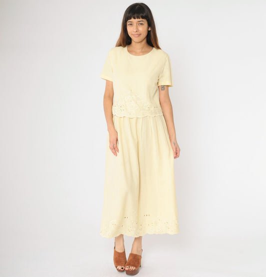 Y2K Coldwater Creek Floral Embroidered Maxi Dress Yellow Eyelet Small 6