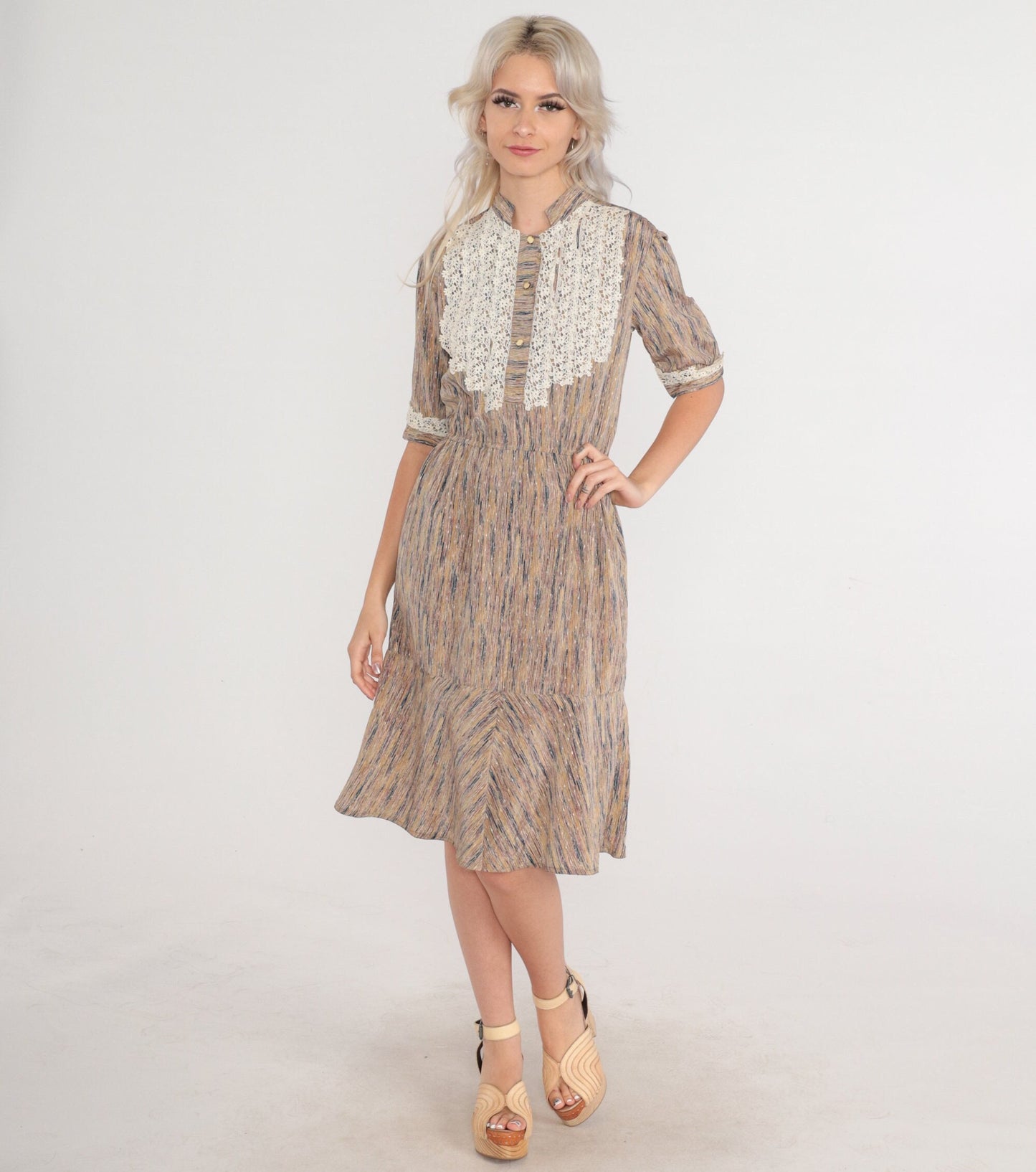 70s Crochet Bib Midi Dress Striped Earth Tone High Neck Puff Sleeve Small
