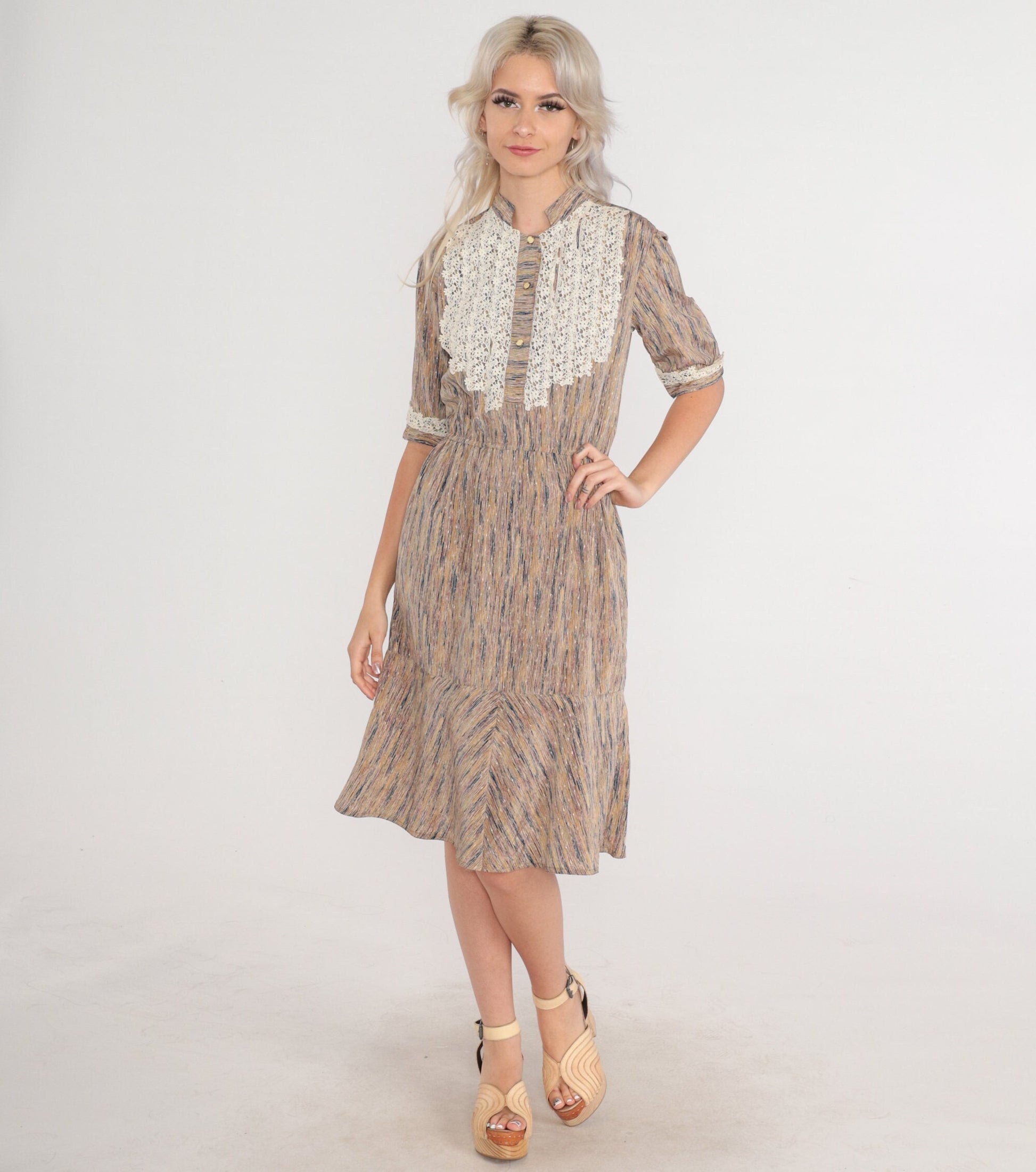 70s Crochet Bib Midi Dress Striped Earth Tone High Neck Puff Sleeve Small
