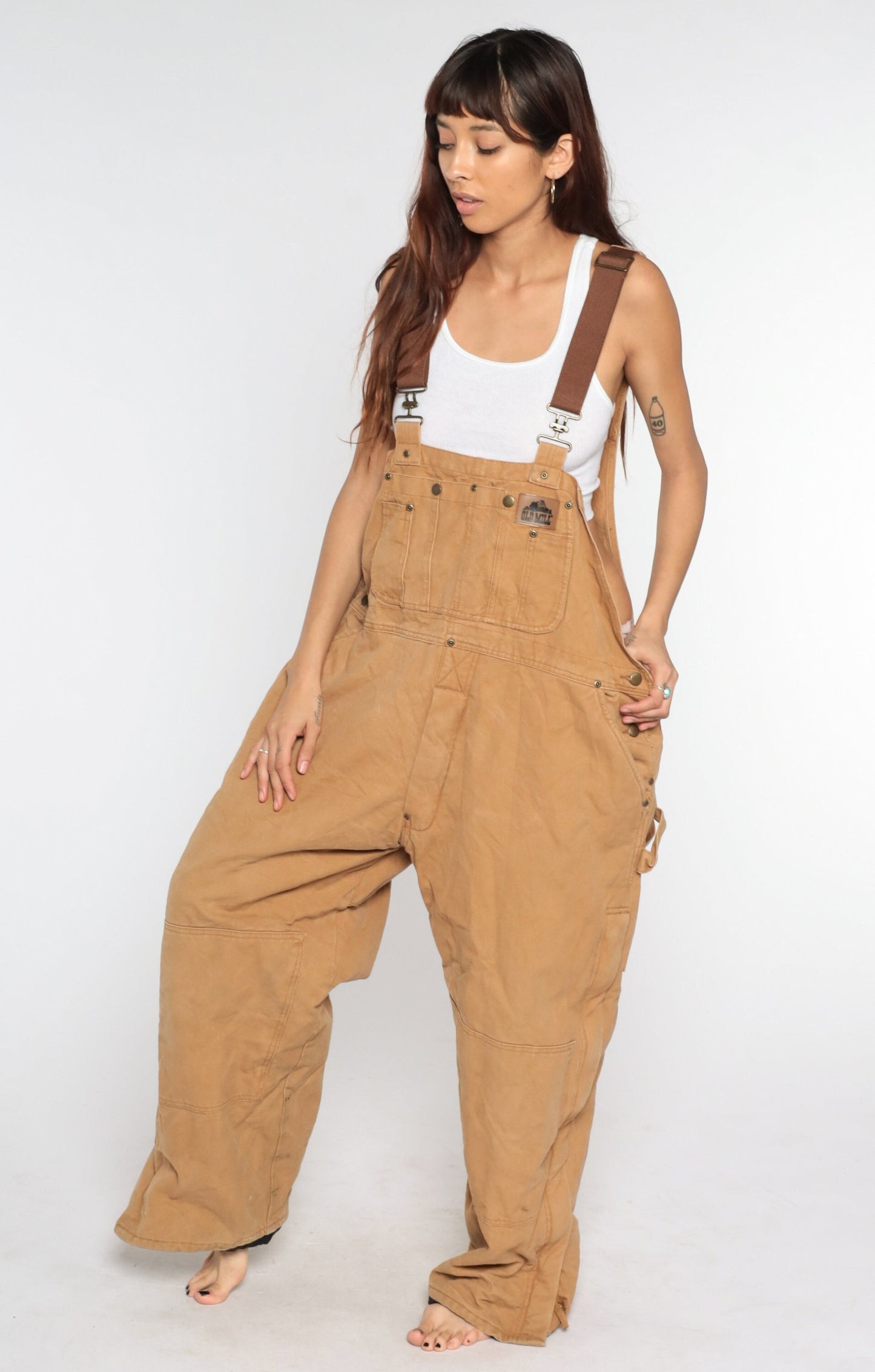 90s Old Mill Quilted Cotton Overalls Brown Workwear Bib Dungarees Large