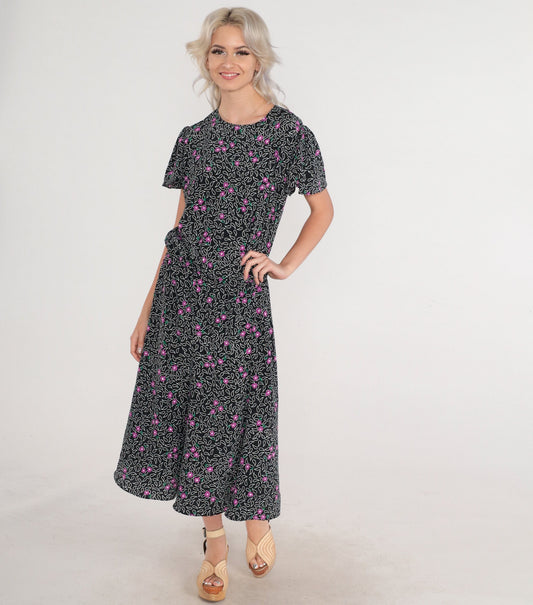 80s Black Paisley Floral Midi Dress Flutter Sleeve Keyhole Back Medium