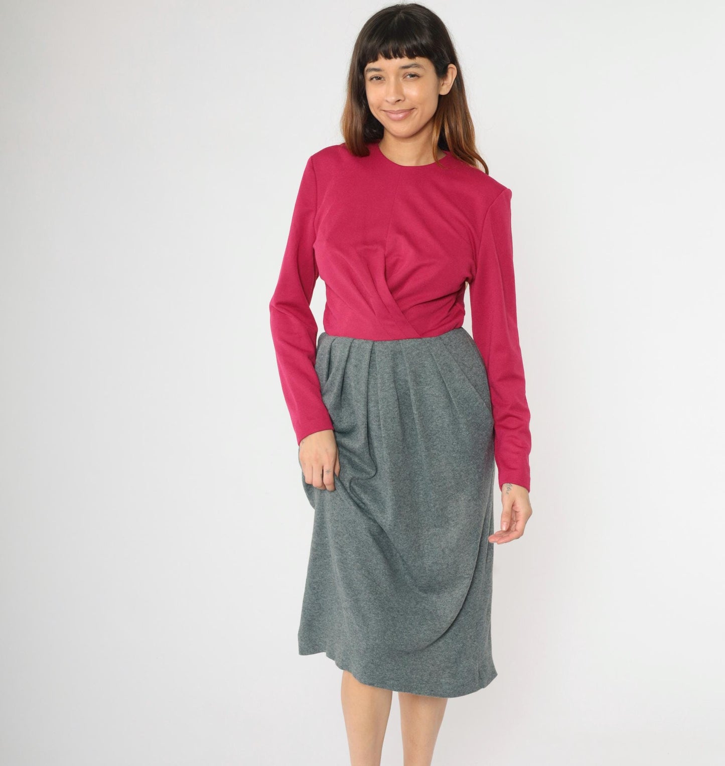 80s Leslie Fay Two-Tone Midi Dress Fuchsia Grey Pleated Small