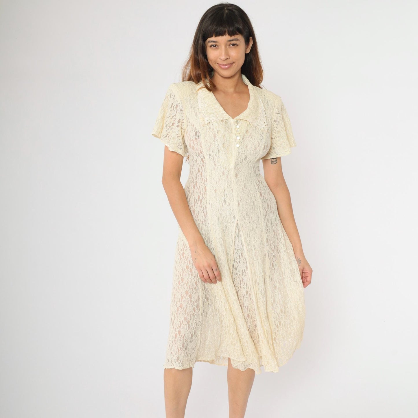 90s Cream Lace Midi Dress Short Sleeve Button Front Sheer Small S