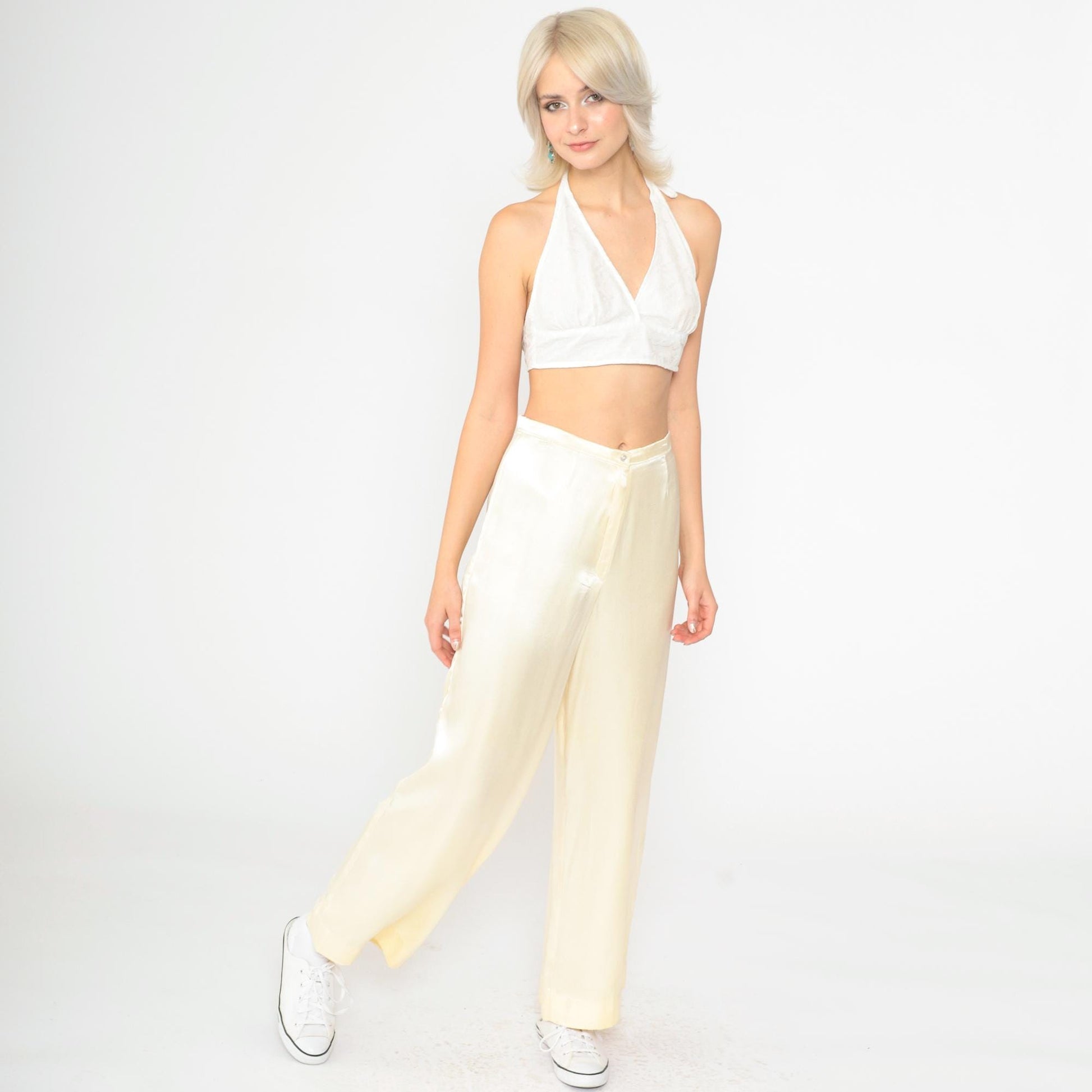 80s Cream Satin High-Rise Wide-Leg Trousers Small S