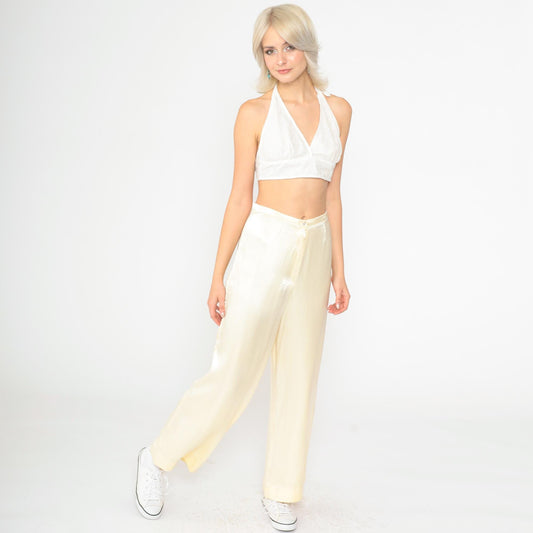 80s Cream Satin High-Rise Wide-Leg Trousers Small S
