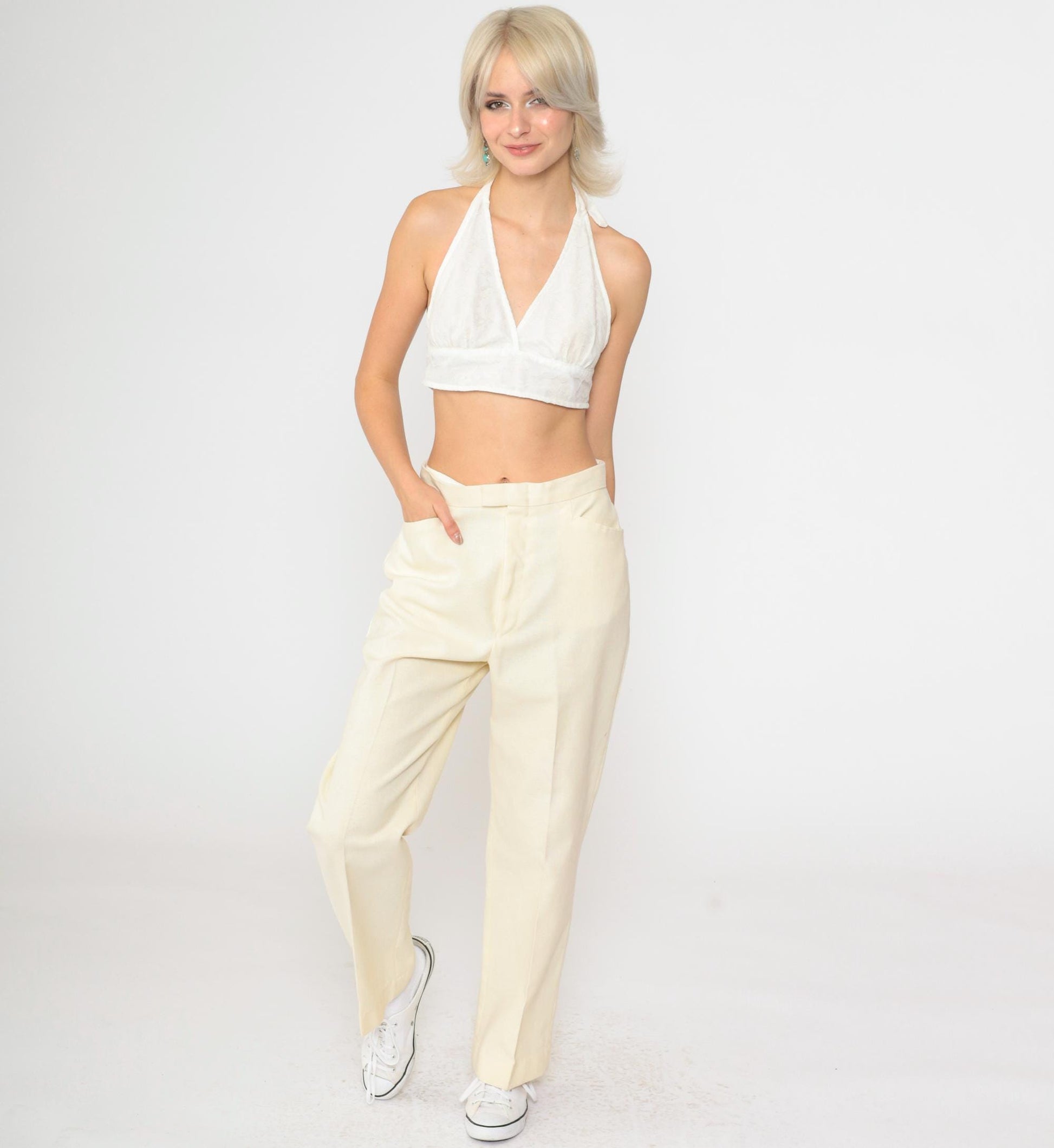 70s Levi's For Gals Sta-Prest Cream Straight Leg Trousers High Waist Small