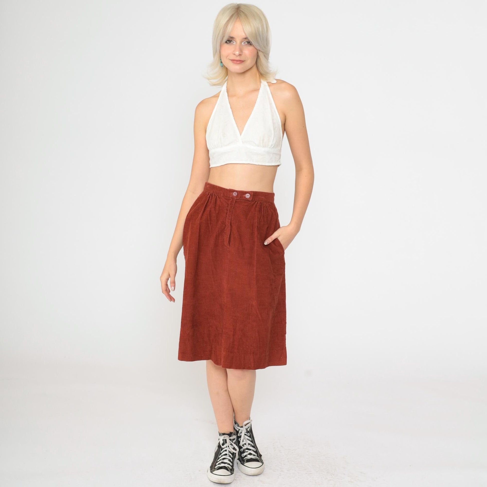 80s Rust Corduroy Midi Skirt High Waist Front Slit Pockets Small