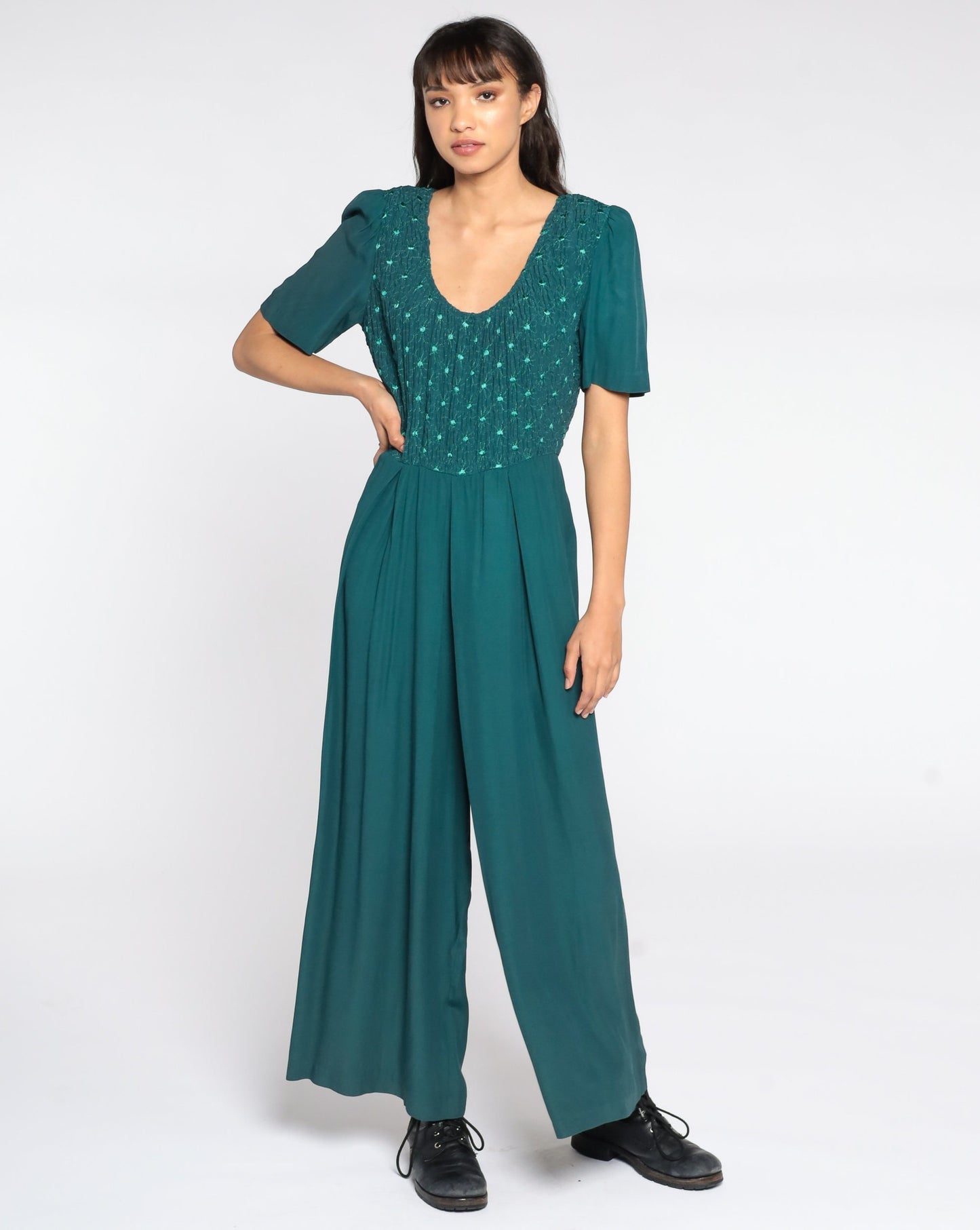 90s Green Jumpsuit Wide Leg Puff Sleeve Embroidered Button Up Large 12