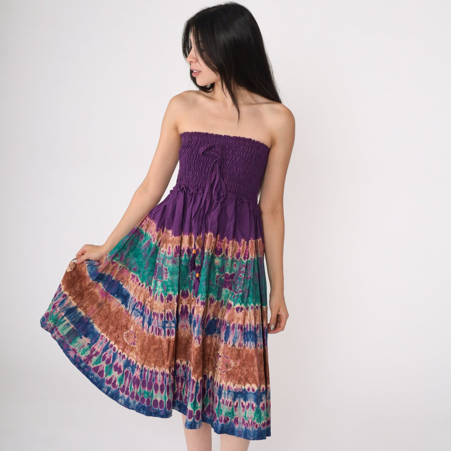 00s Tie Dye Smocked Strapless Midi Dress Purple Green Small Medium