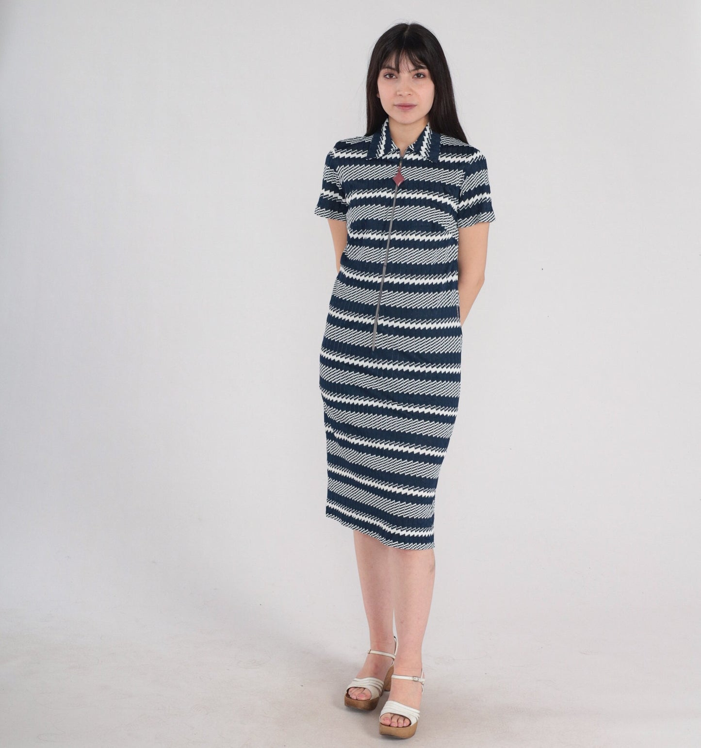 1960s Mod Dress Navy Blue White Geometric Striped Zip Front Knee Length Small