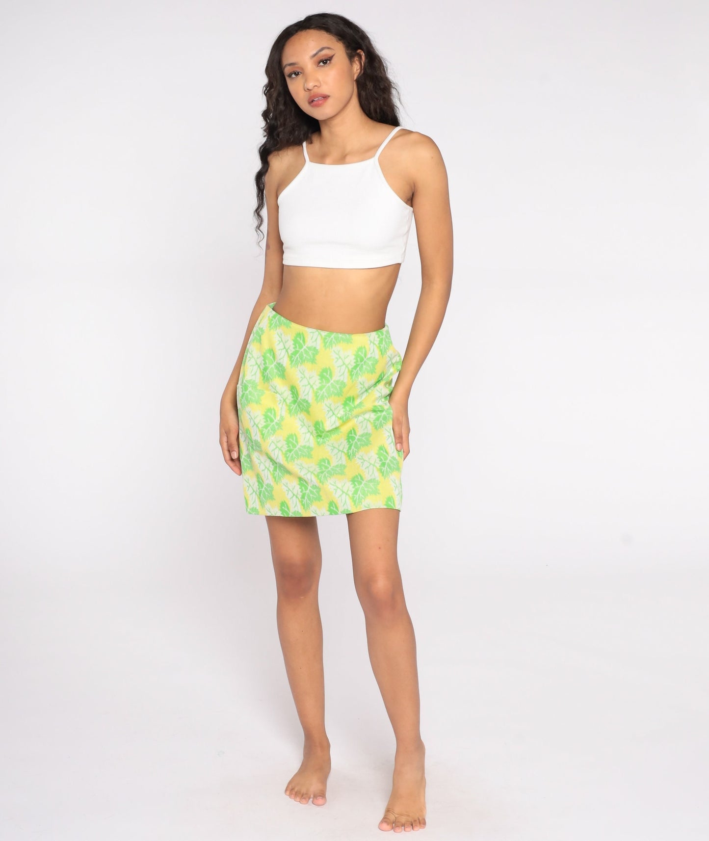 70s Yellow Leaf Print Mini Skirt High Waist Pocket Small