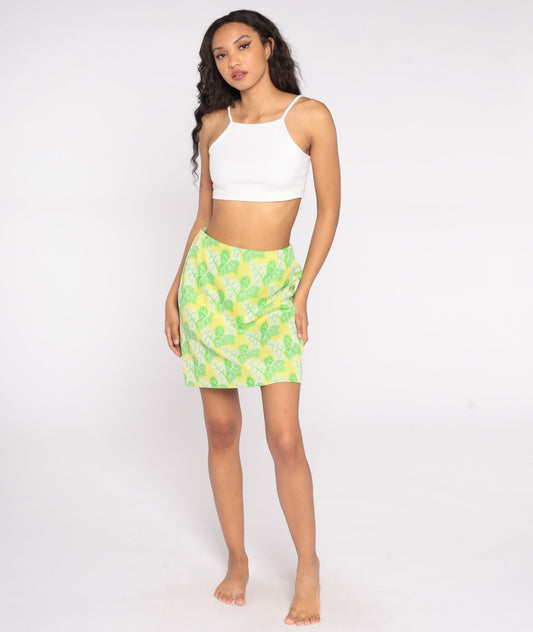 70s Yellow Leaf Print Mini Skirt High Waist Pocket Small