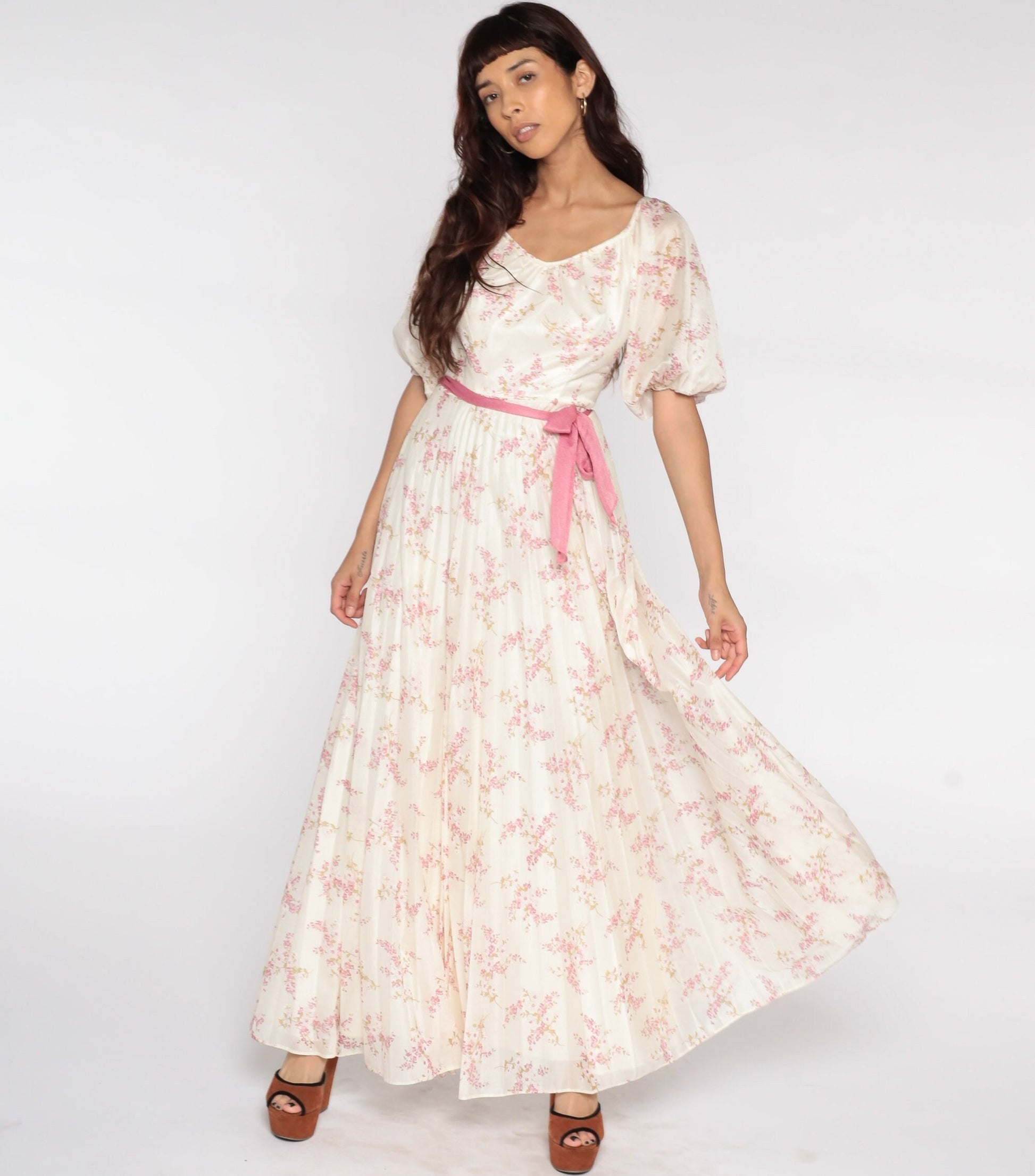 70s Floral Maxi Dress Off-White Pink High Waist Pleated Small
