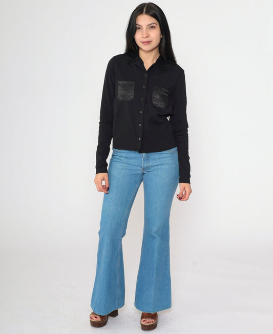 90s Energie Black Button-Up Blouse Satin Pocket Long Sleeve Medium