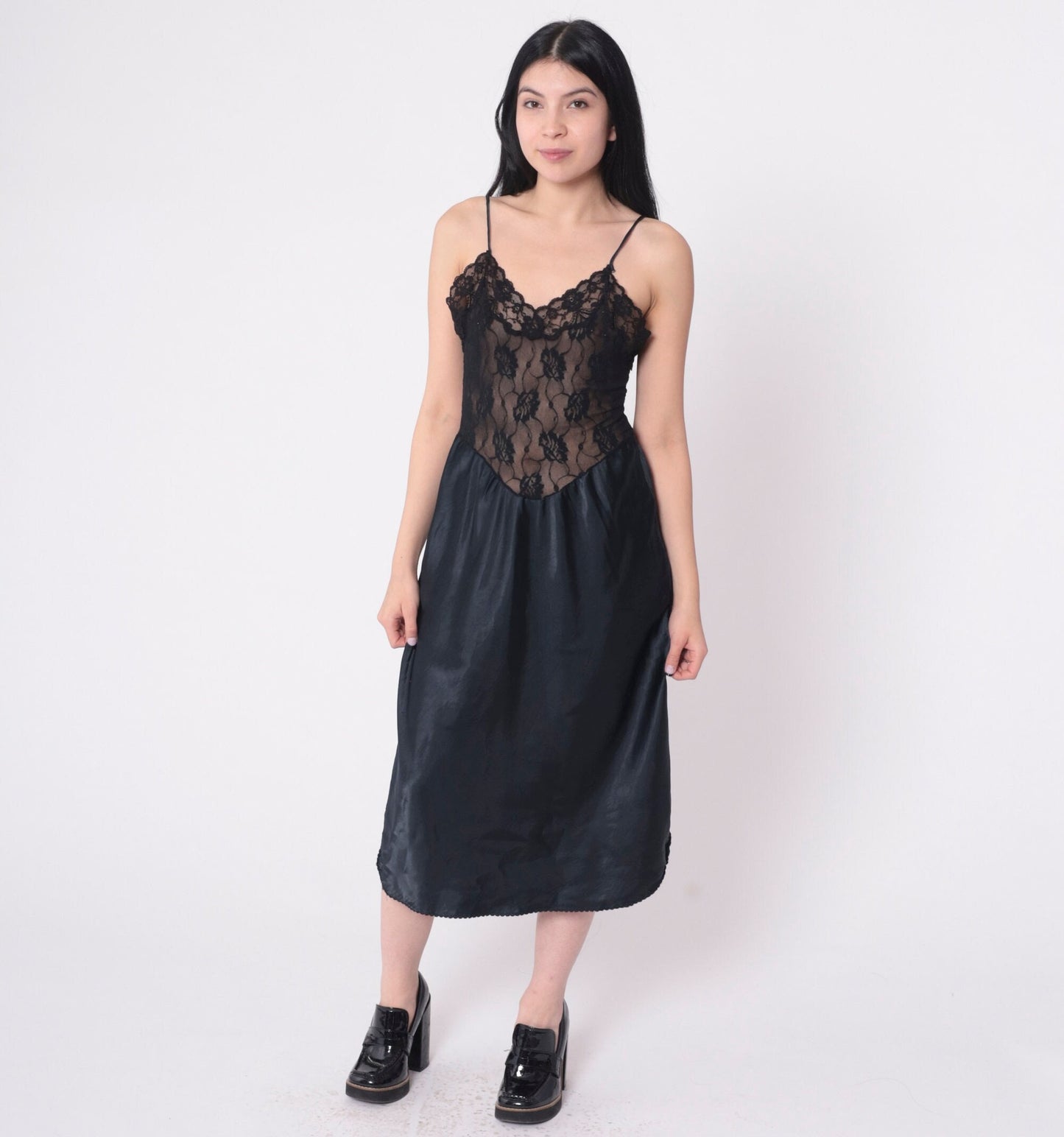 80s Black Sheer Lace Slip Dress Basque Waist V Back Midi Lingerie Medium