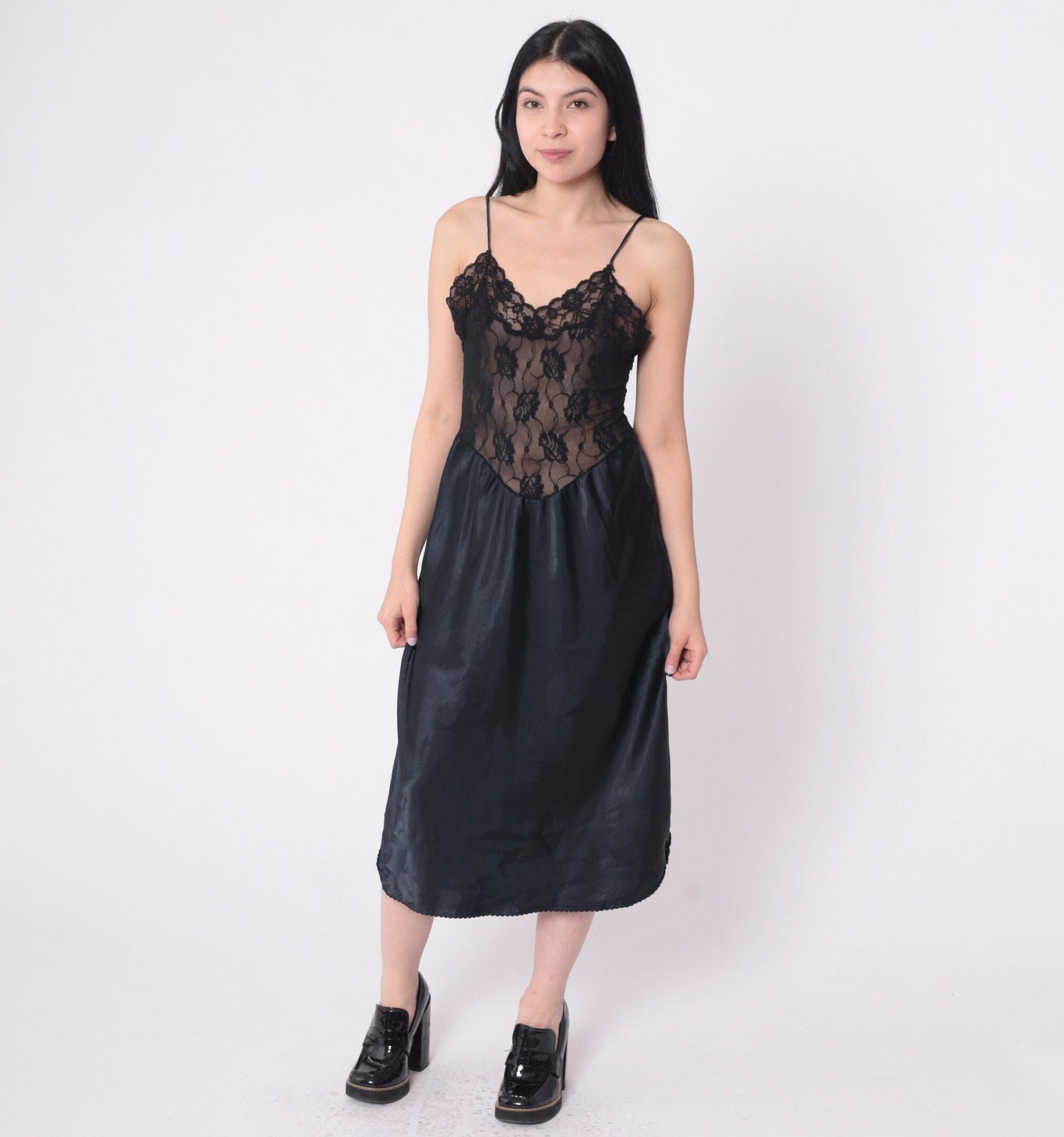 80s Black Sheer Lace Slip Dress Basque Waist V Back Midi Lingerie Medium