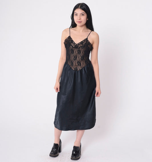 80s Black Sheer Lace Slip Dress Basque Waist V Back Midi Lingerie Medium