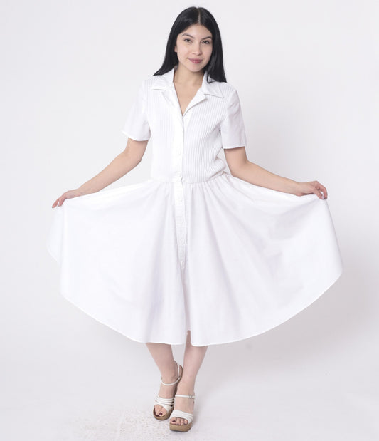 80s White Ribbed Knit Button-Up Shirtdress Elastic Waist Midi Small Medium