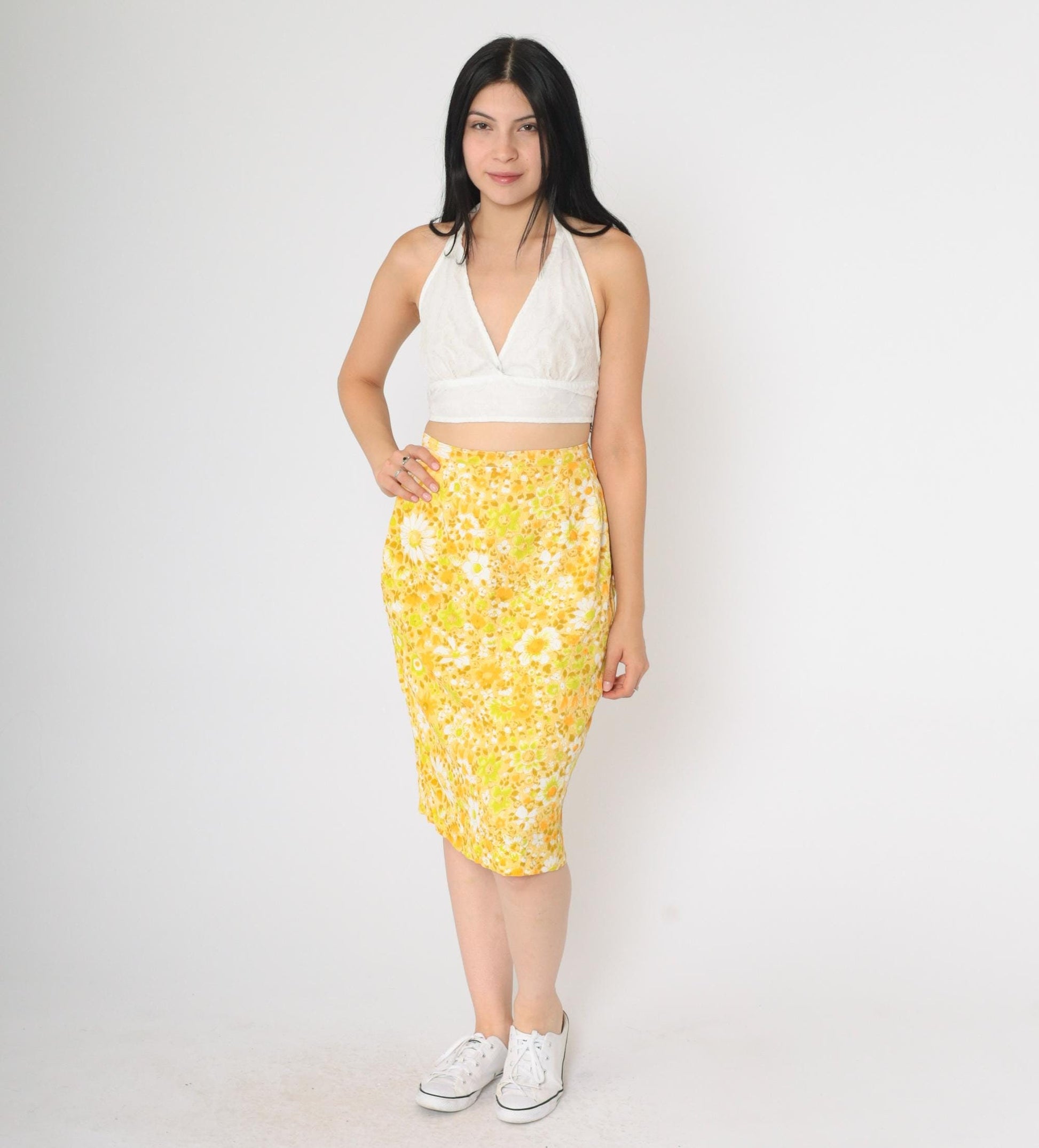 60s Yellow Orange Floral Pencil Midi Skirt High Waist Small