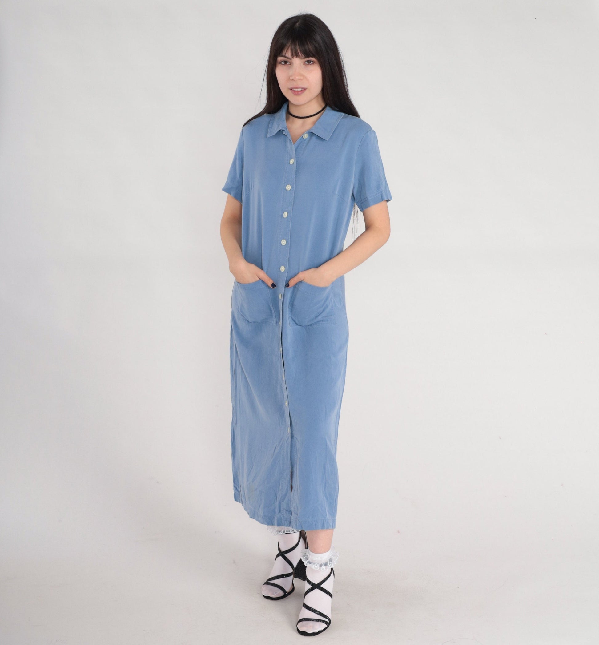 Y2K Talbots Blue Tencel Midi Shirt Dress Button-Up Pockets Medium 8