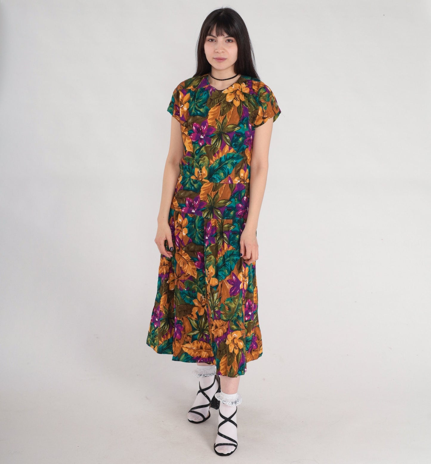 90s Tropical Floral Midi Dress Keyhole Back Short Sleeve Purple Green Yellow Medium 8