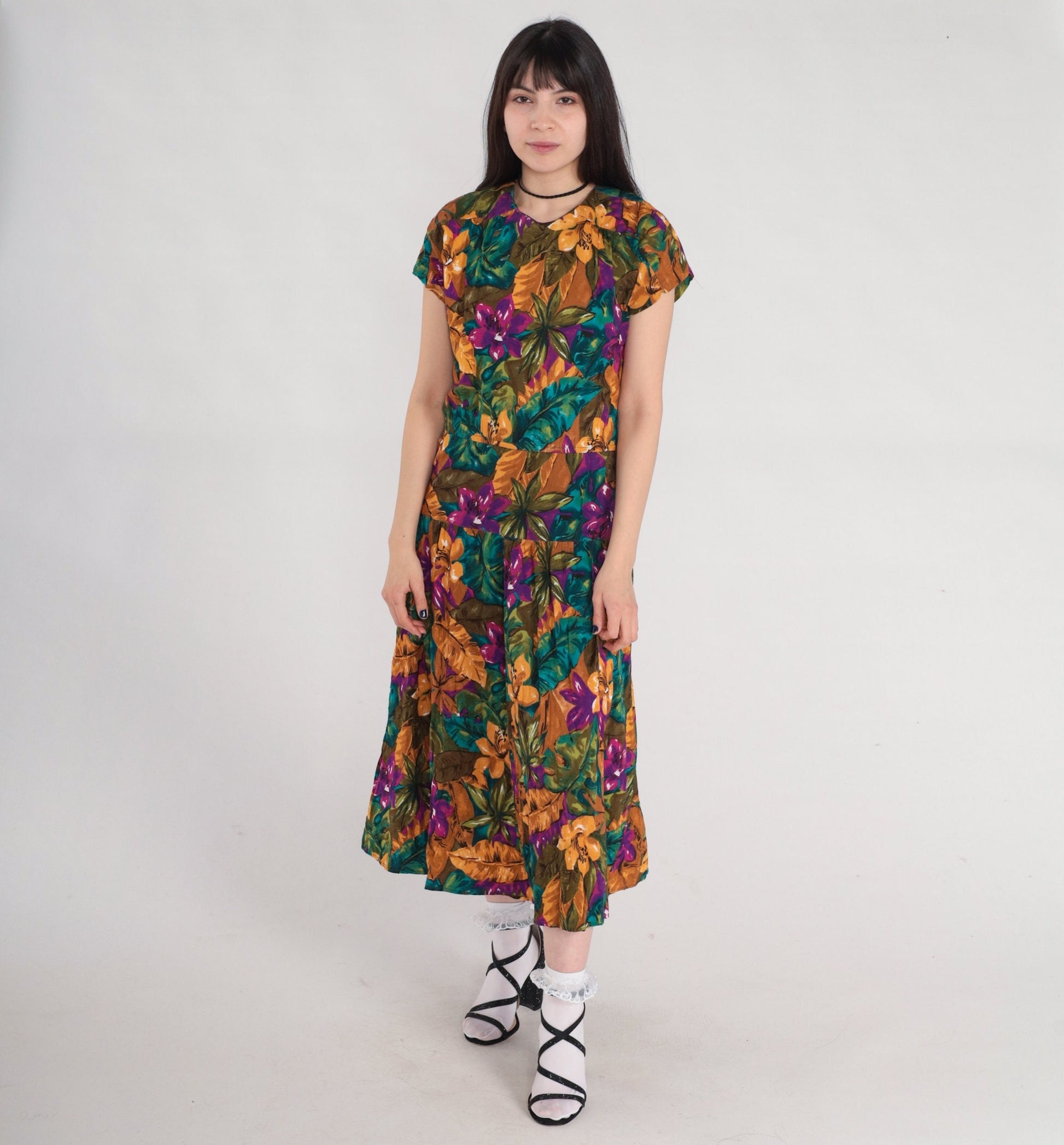 90s Tropical Floral Midi Dress Keyhole Back Short Sleeve Purple Green Yellow Medium 8