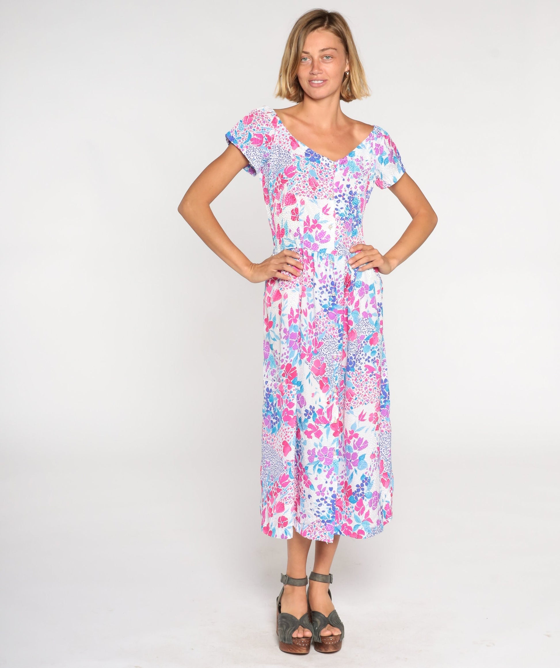 80s Floral Midi Dress Pink Blue Purple Button-Up V-Neck Medium