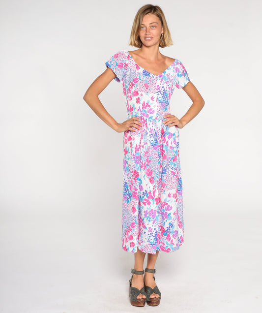 80s Floral Midi Dress Pink Blue Purple Button-Up V-Neck Medium