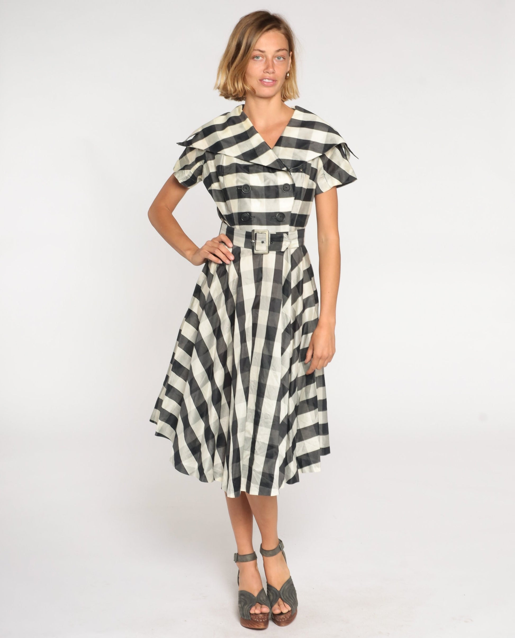 1950s Black White Gingham Midi Dress Double Breasted Sailor Collar High Waisted Medium