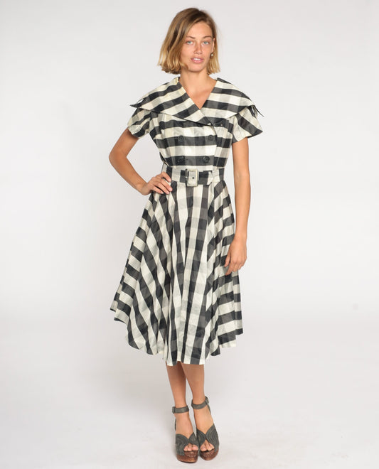 1950s Black White Gingham Midi Dress Double Breasted Sailor Collar High Waisted Medium