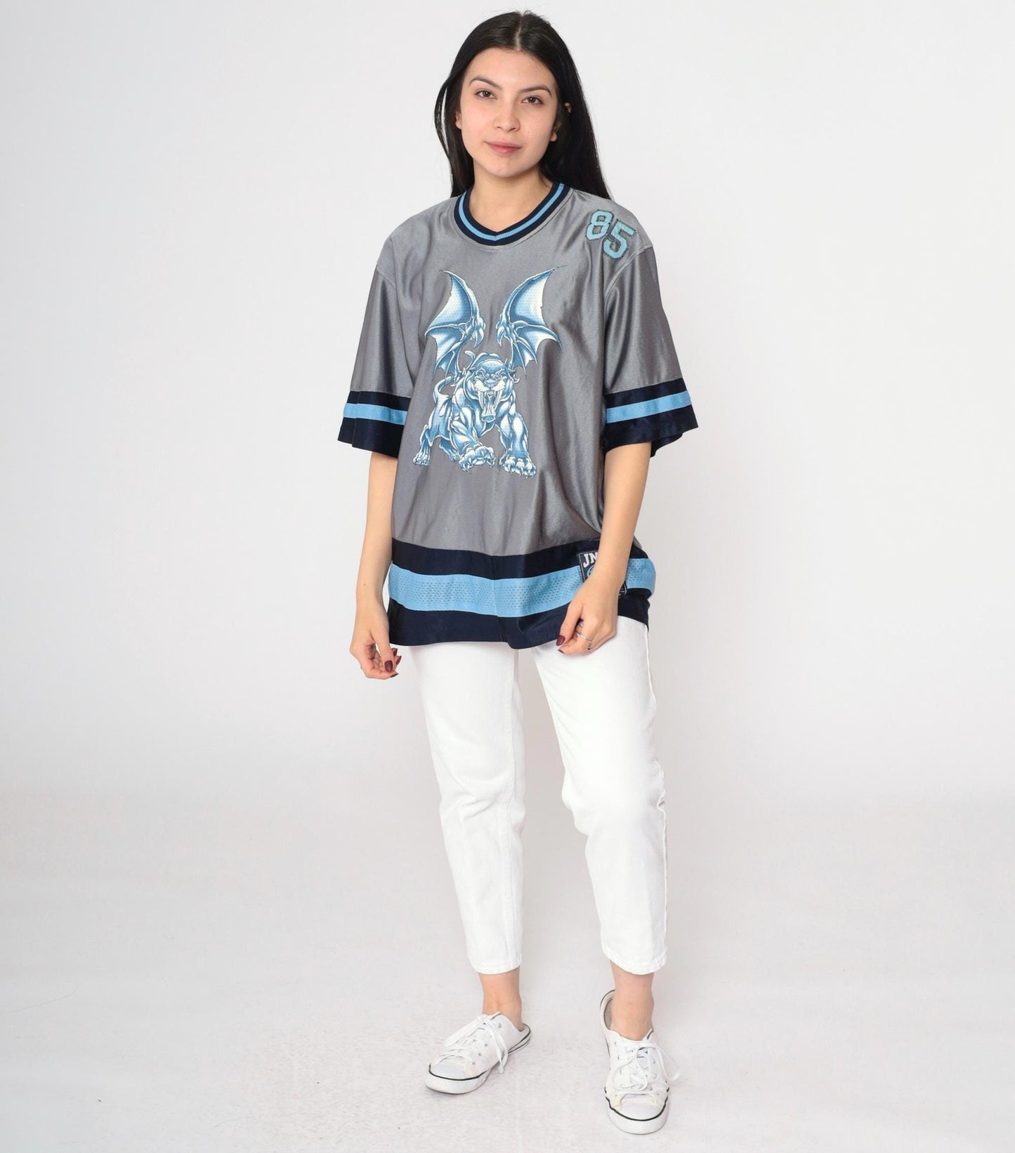 Y2K JNCO Winged Sabertooth Gargoyle Jersey Grey Blue V-Neck Small S