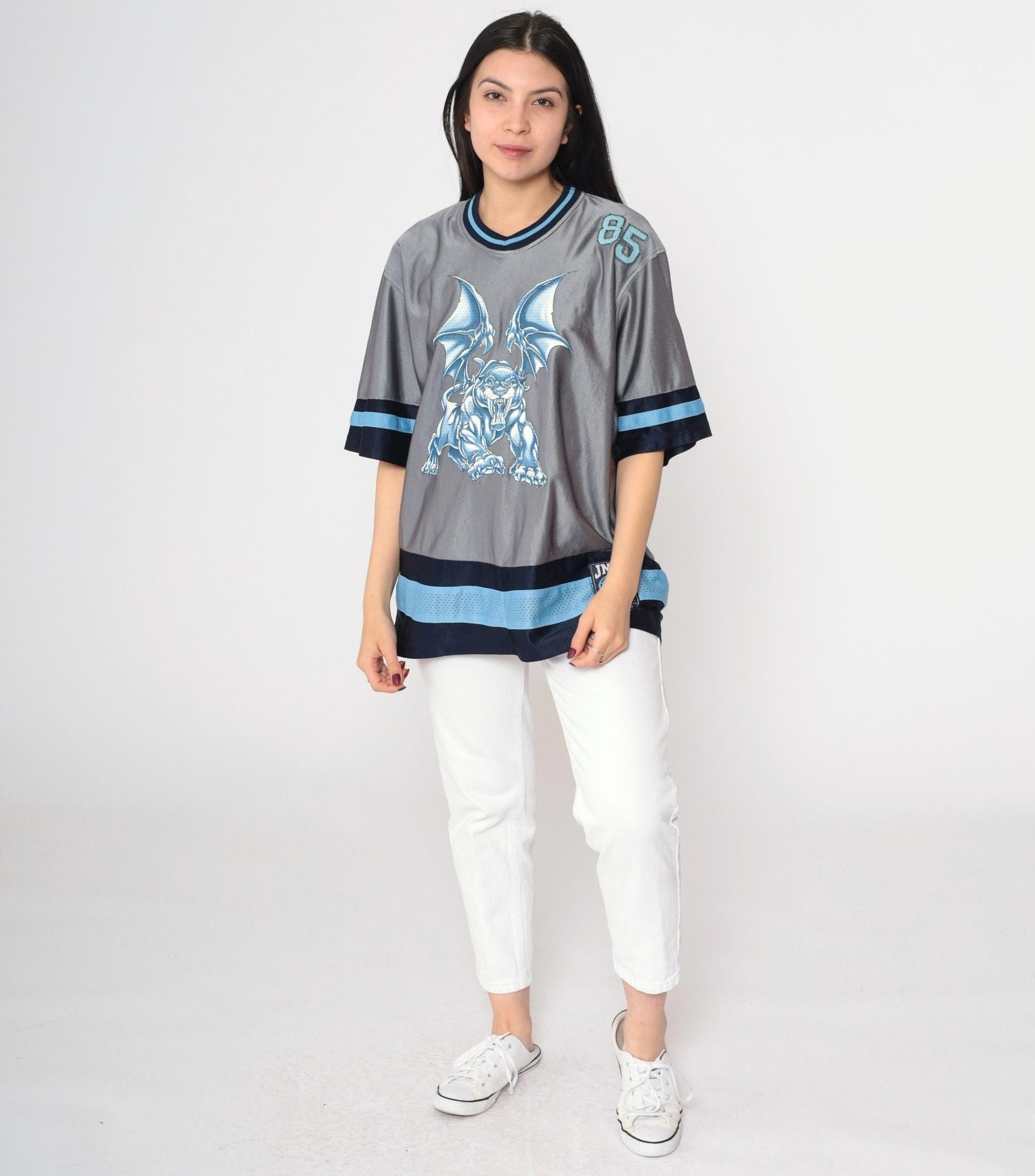 Y2K JNCO Winged Sabertooth Gargoyle Jersey Grey Blue V-Neck Small S