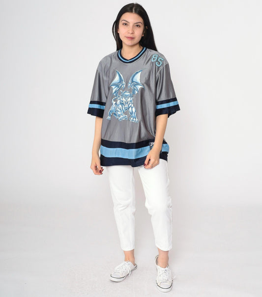 Y2K JNCO Winged Sabertooth Gargoyle Jersey Grey Blue V-Neck Small S