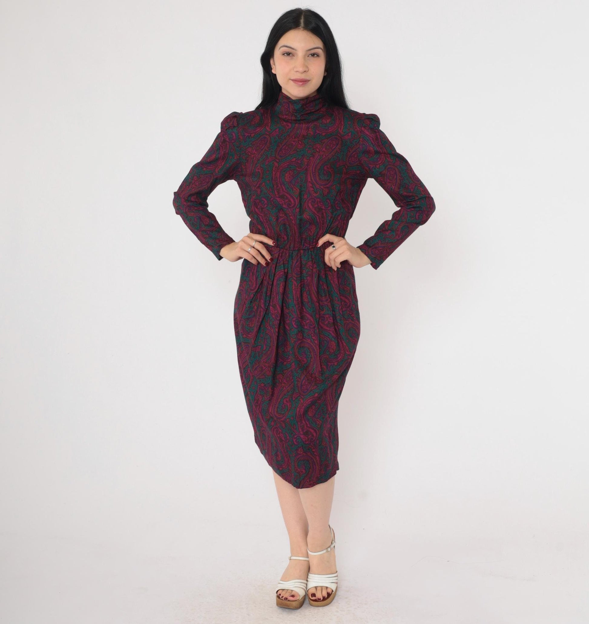 80s Paisley Midi Dress Mock Neck Puff Sleeve Pleated High Waist Small 6