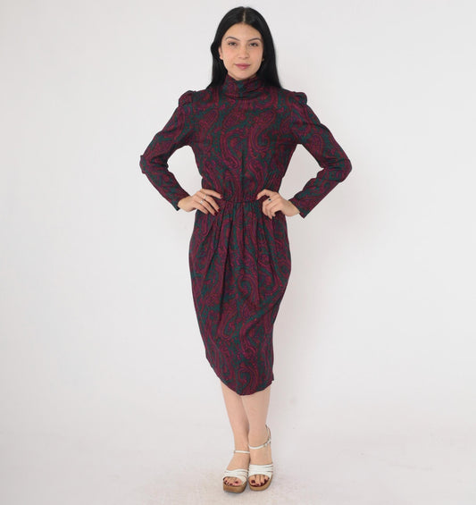 80s Paisley Midi Dress Mock Neck Puff Sleeve Pleated High Waist Small 6