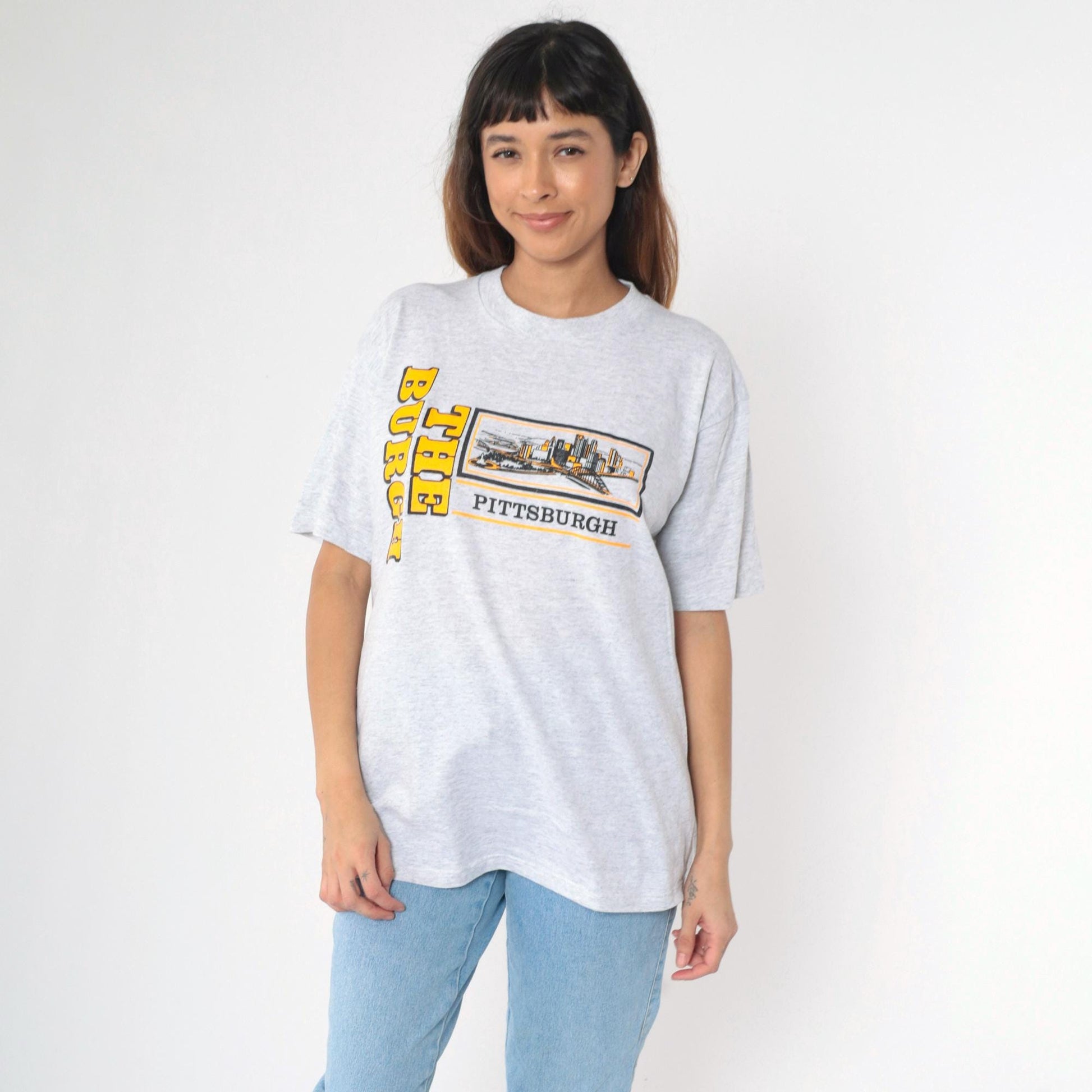 90s Pittsburgh Cityscape Graphic T-Shirt Grey The Burgh Jerzees Extra Large