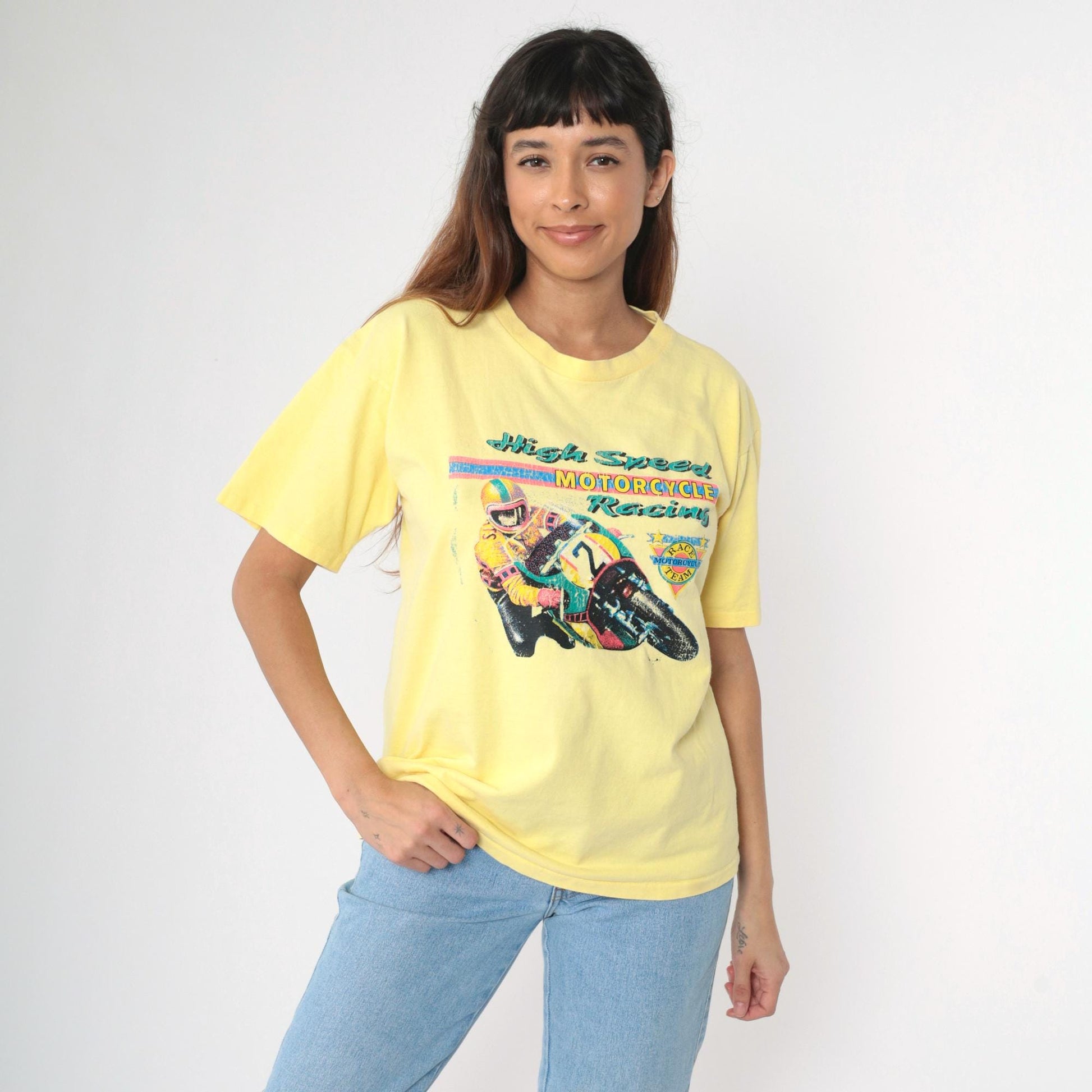 90s High Speed Motorcycle Racing Graphic T-Shirt Yellow Medium