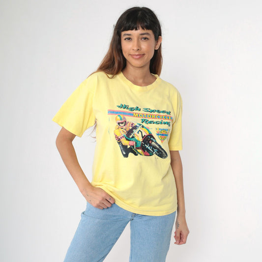 90s High Speed Motorcycle Racing Graphic T-Shirt Yellow Medium
