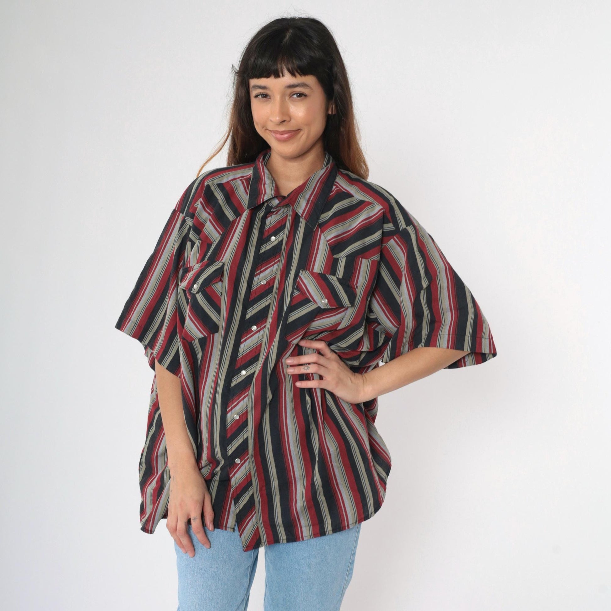 90s Rustler by Wrangler Western Shirt Pearl Snap Red Grey Black Striped Plus Size 3XL