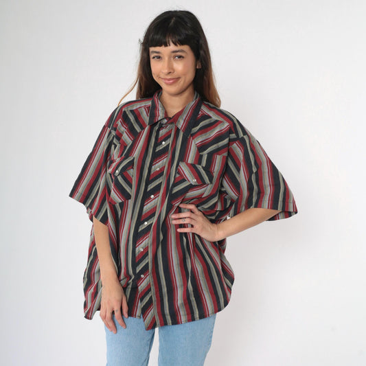 90s Rustler by Wrangler Western Shirt Pearl Snap Red Grey Black Striped Plus Size 3XL