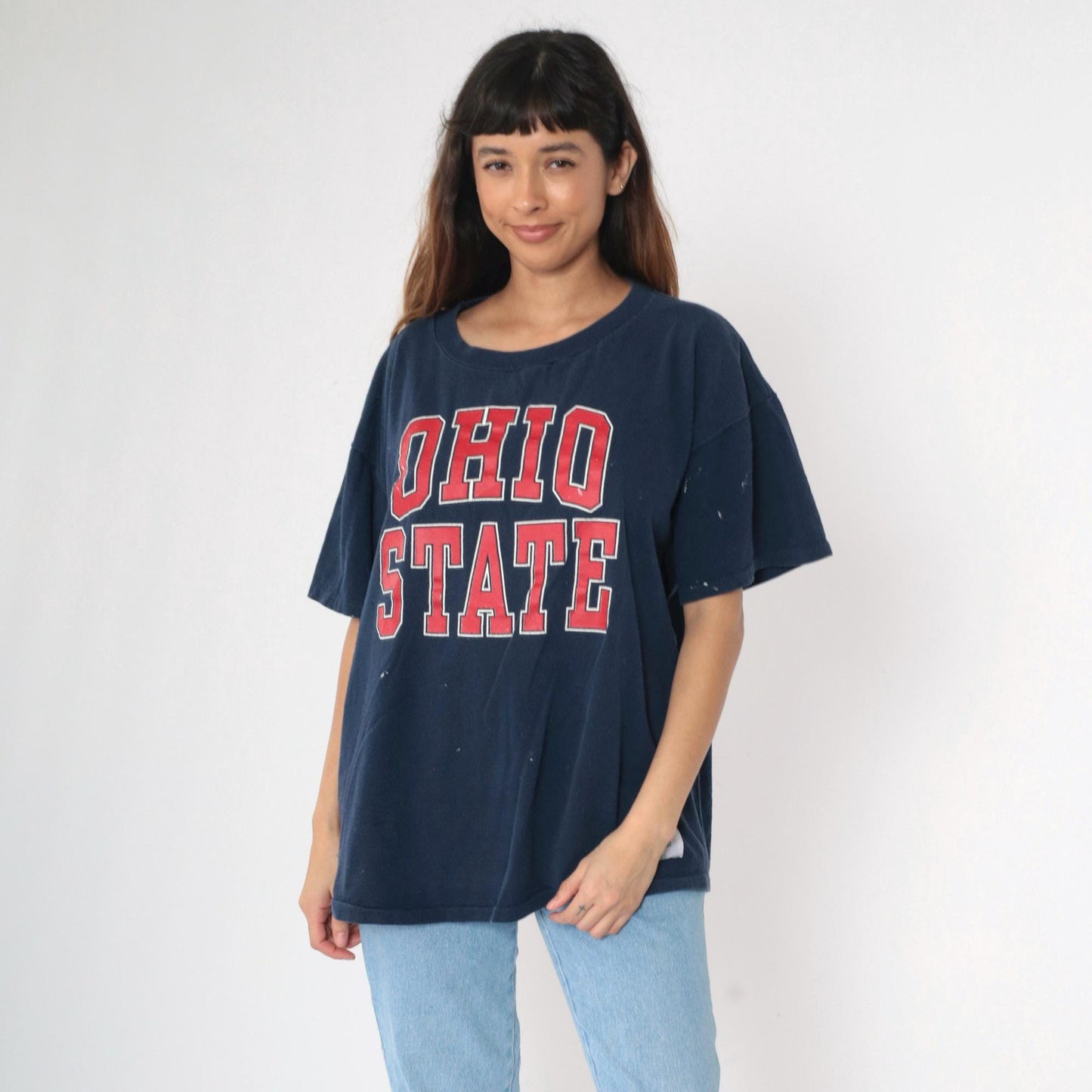 90s Ohio State Buckeyes Football Graphic T-Shirt Navy Distressed Cotton XXL
