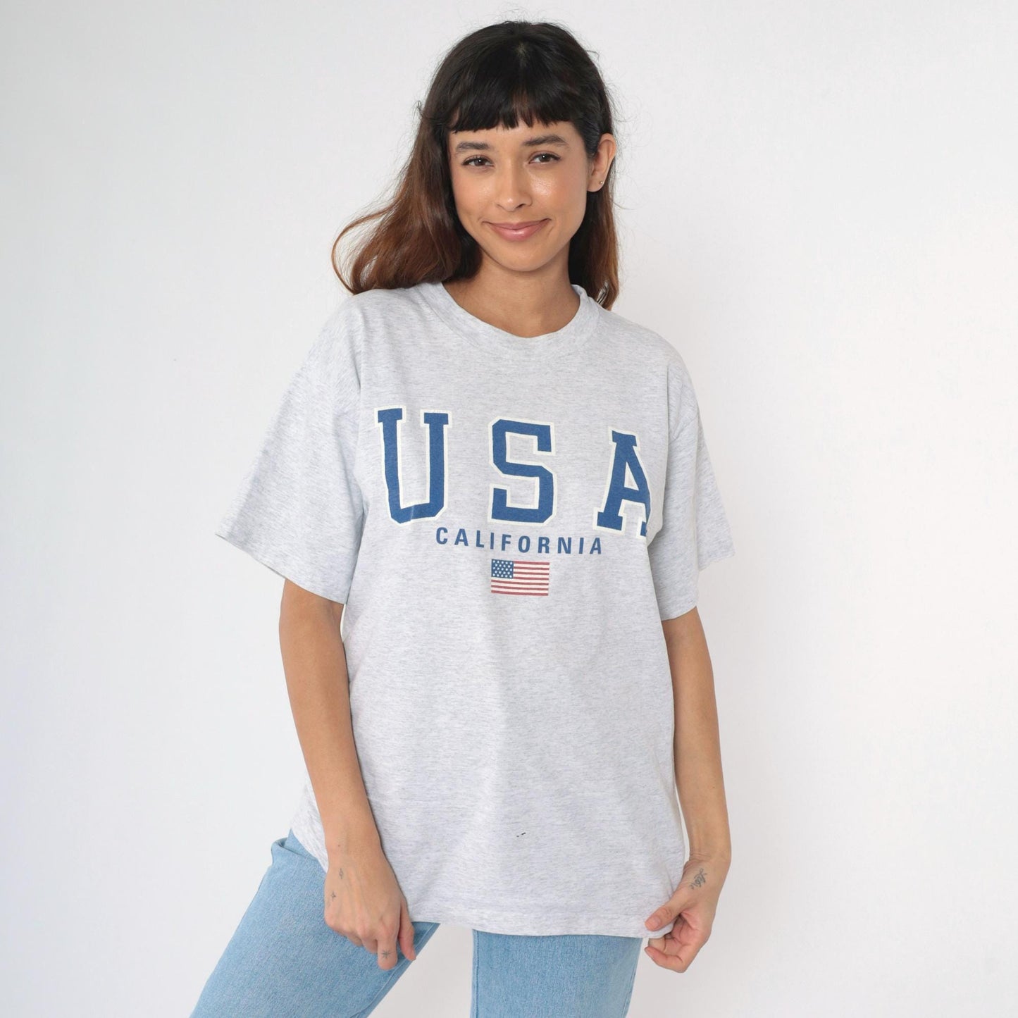 90s California USA American Flag Graphic T-Shirt Heather Grey Large L