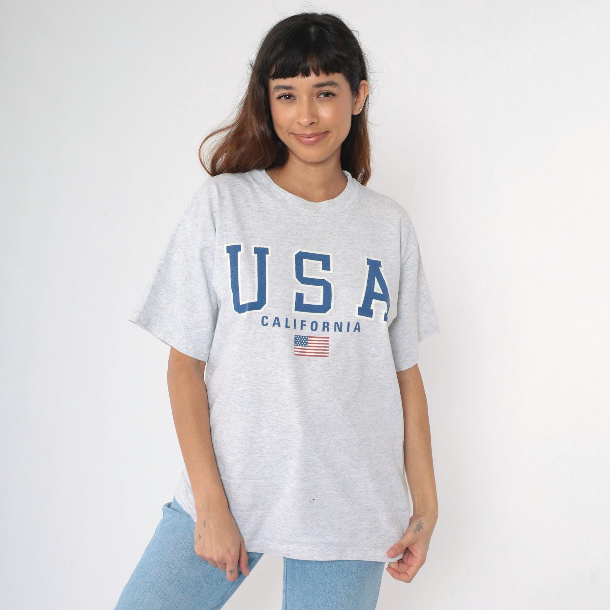 90s California USA American Flag Graphic T-Shirt Heather Grey Large L