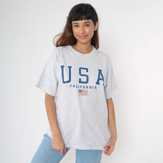 90s California USA American Flag Graphic T-Shirt Heather Grey Large L