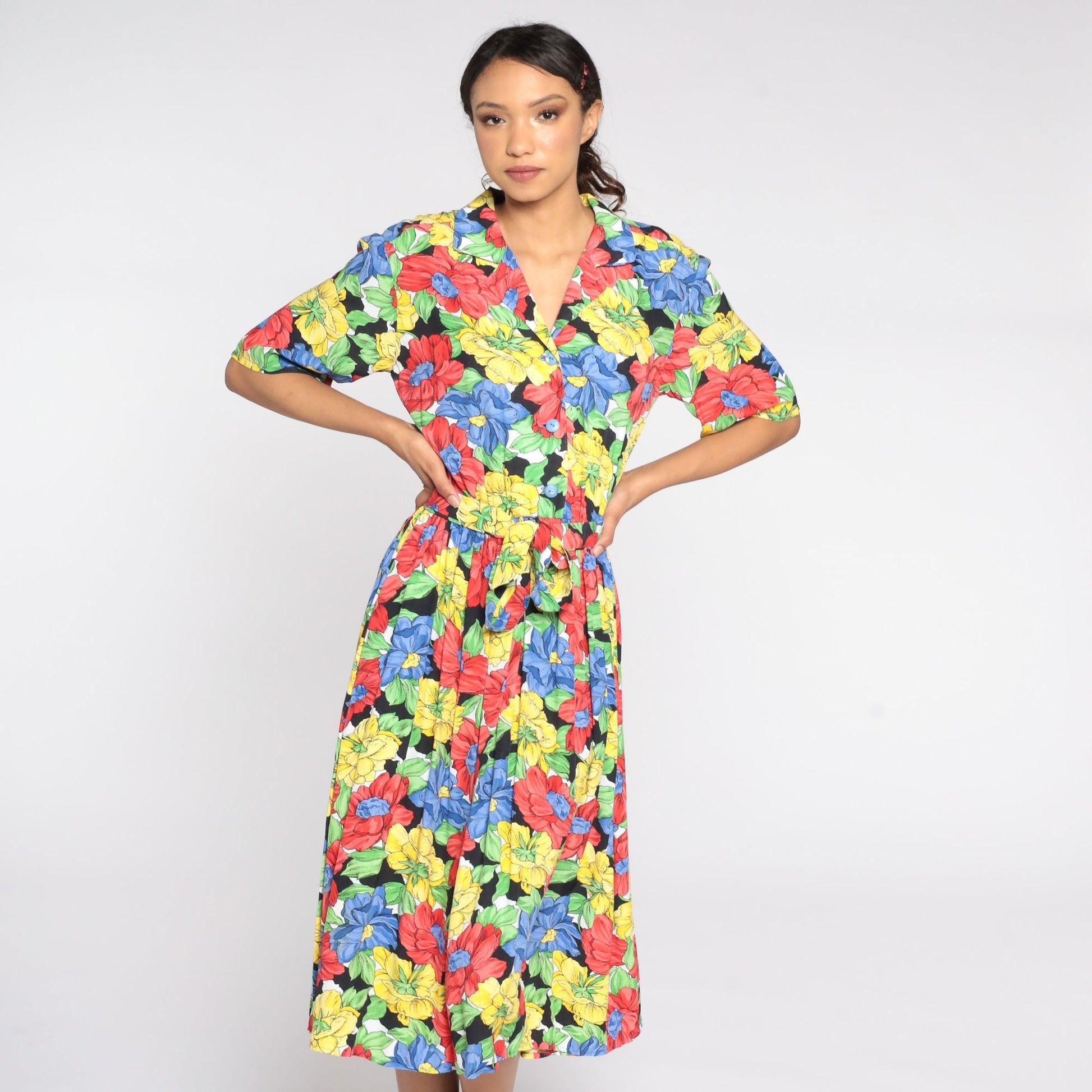 80s Floral Midi Dress High Waist Button Front Short Sleeve Red Yellow Blue Medium Large
