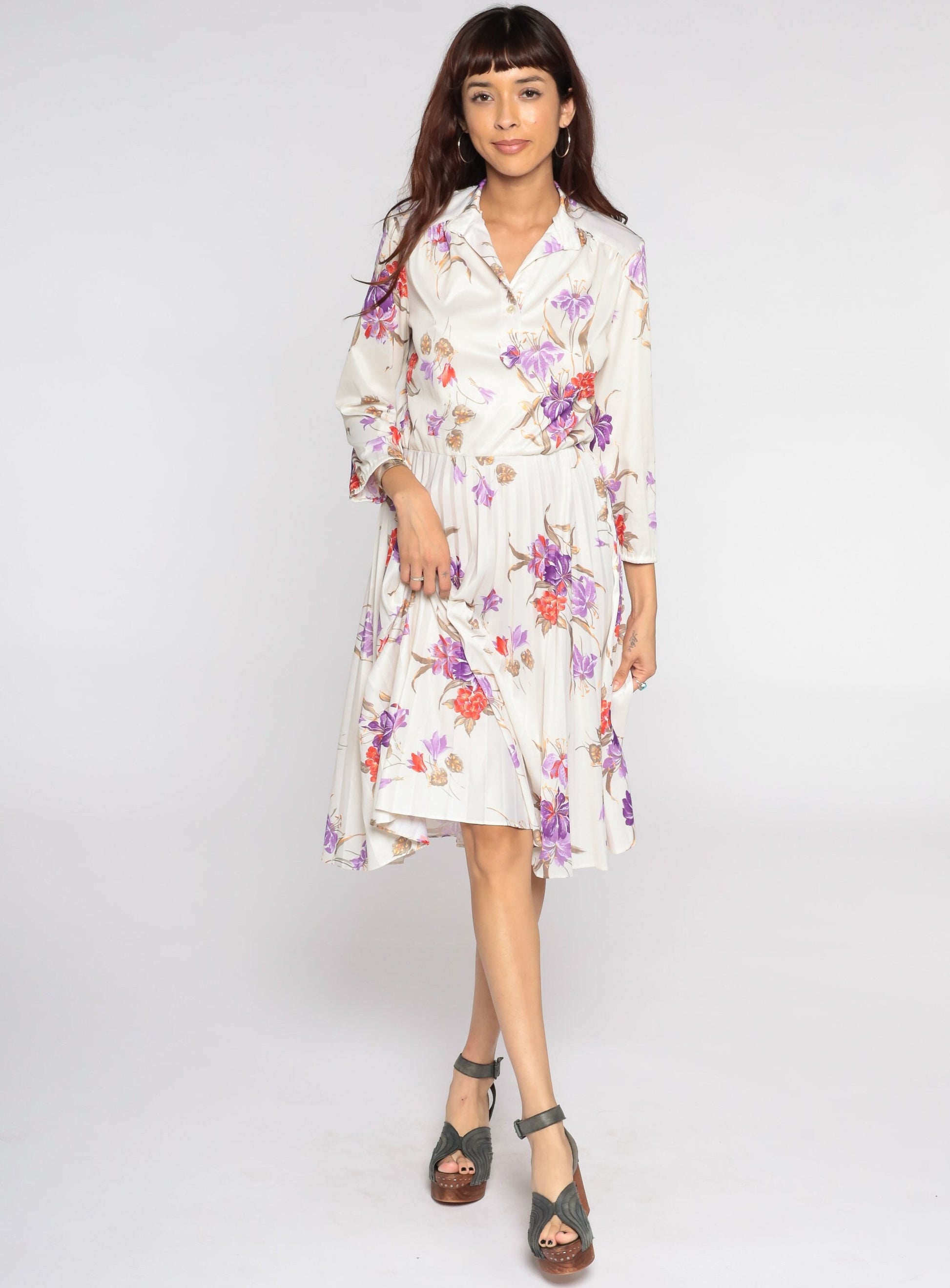 70s Cream Floral Midi Dress High Waist Pleated Button Up Long Sleeve Small Medium